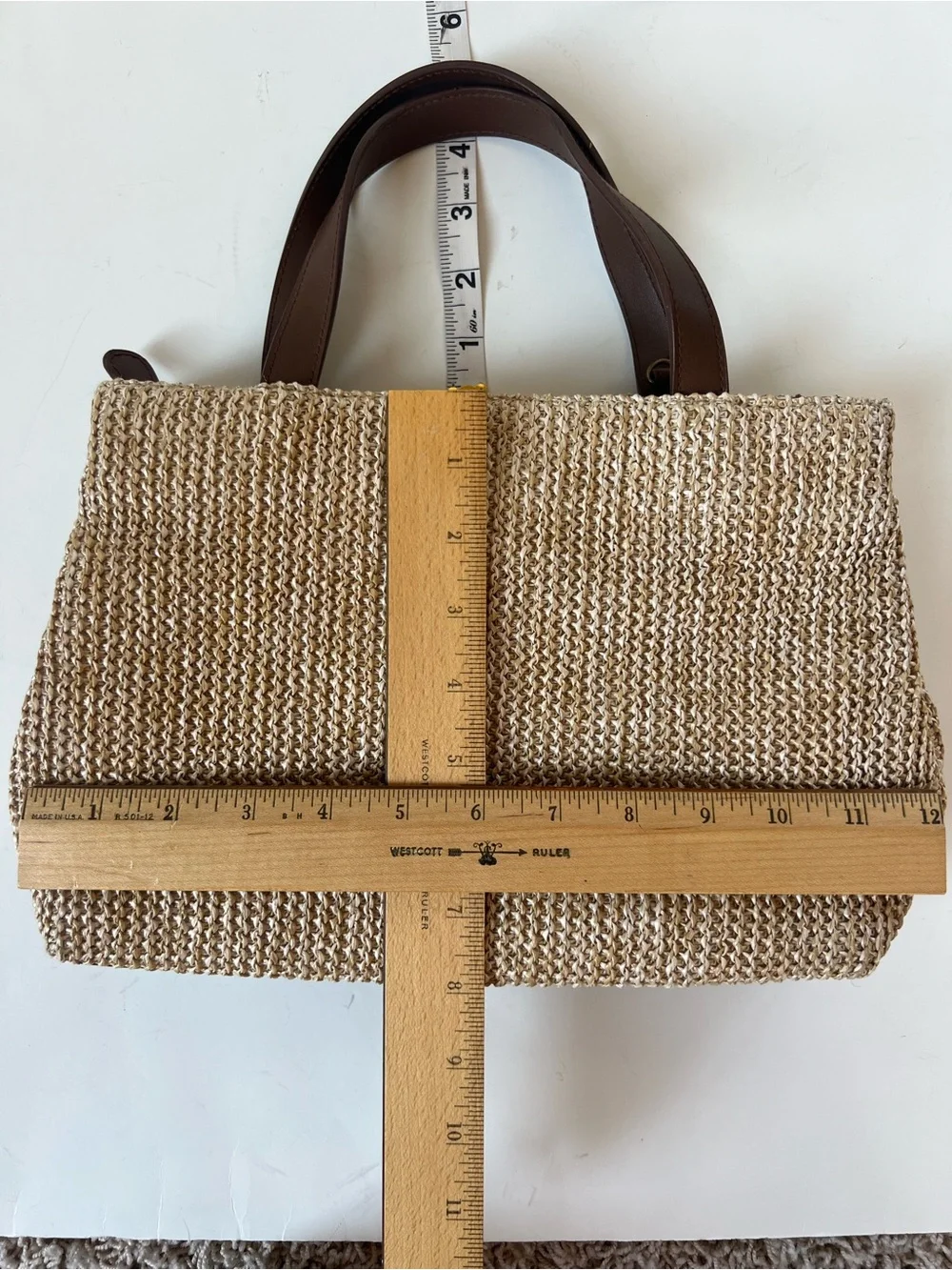 Relativity Woven Straw Tote Bag with Brown Leather Handles Beachy Coastal - Picture 6 of 11